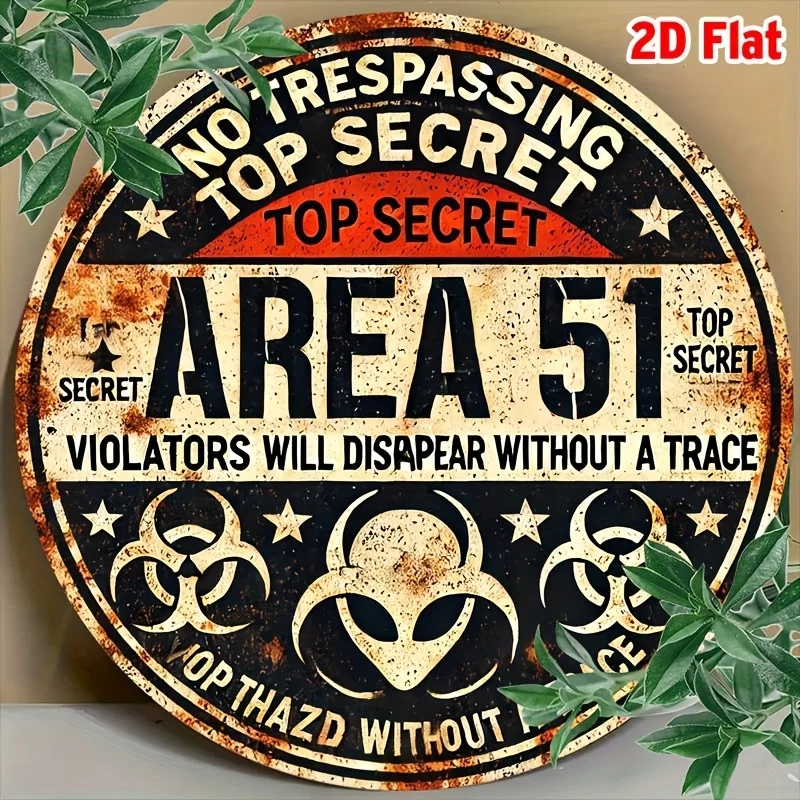 2D Flat, Vintage Area 51 Metal Wall Sign - Retro Alien UFO & Hazard Symbols, Distressed Design, 