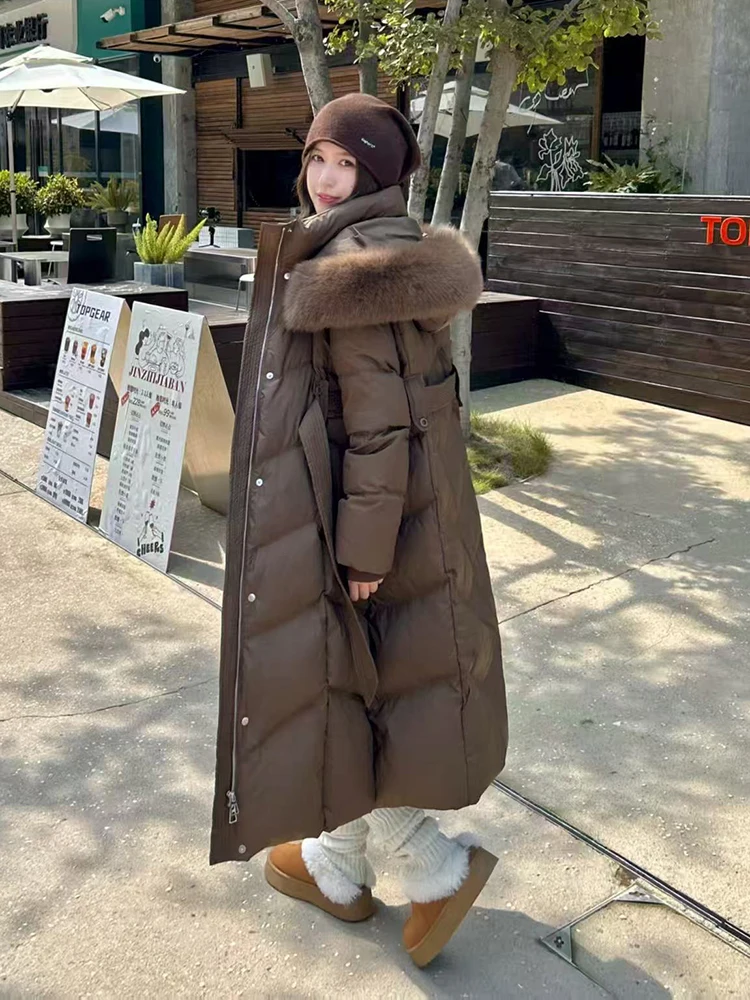 Winter Long Natural Fur Collar Hooded Down Jacket Women White Duck Down Cold Proof Outwears Female Warm Knee Length Down Jacket