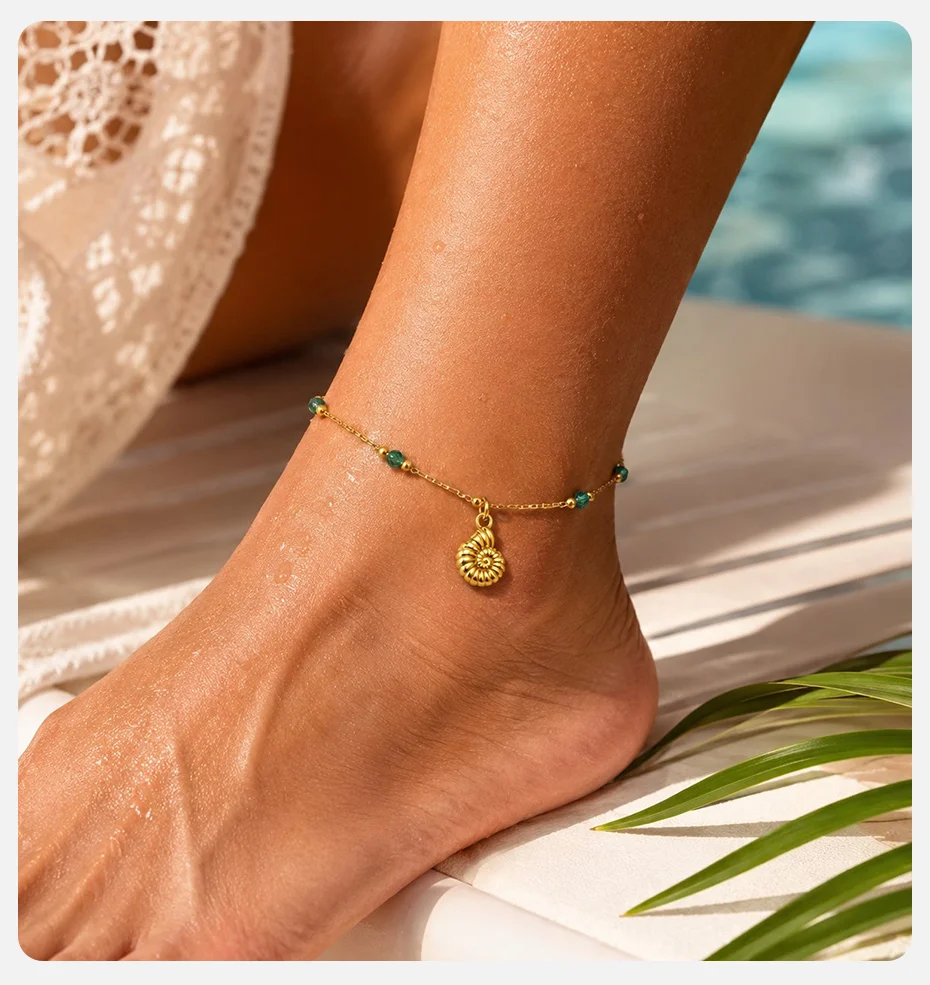 Vnox Bohemia Grüner Kristall Muschel Tropischer Fisch Anhänger Quasten-Fußkettchen für Damen, vergoldet, wasserdicht, Sommerurlaub Fußschmuck – Detail 4