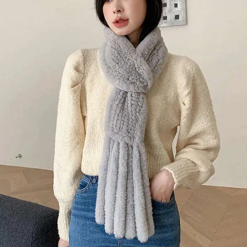 

Winter Rex Rabbit Fur Scarf Female Knit Fluffy Fur Long Scarves With Tassels Luxury Fashion Scarfs Real Rabbit Fur Neckerchief