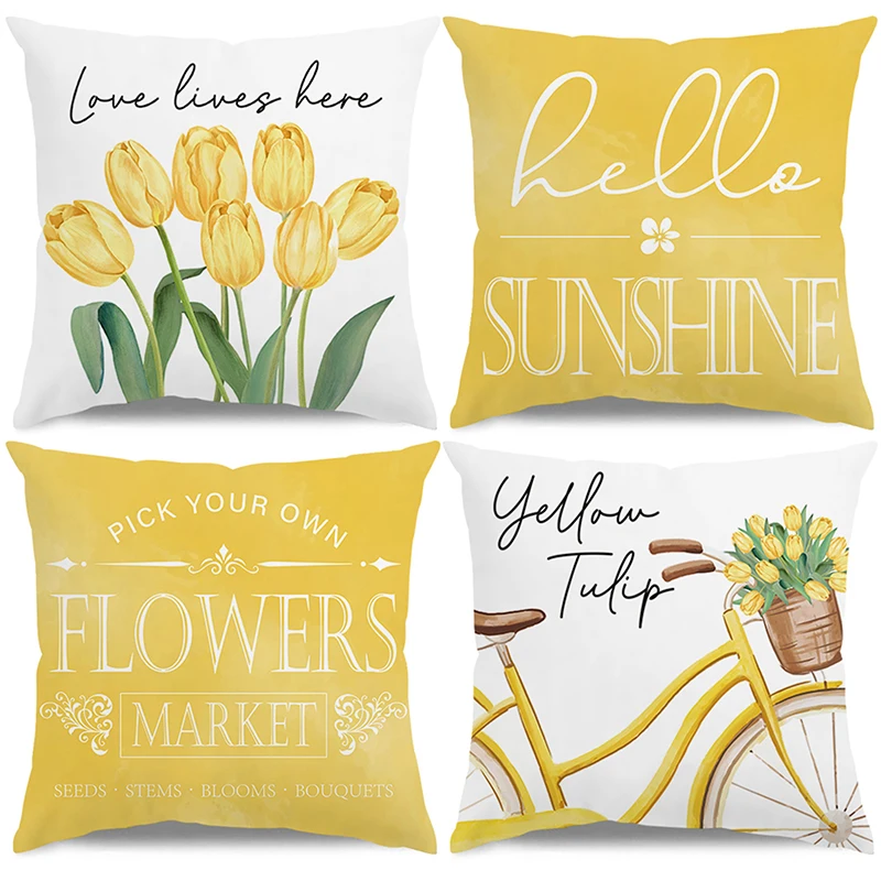 Yellow Tulip Bicycle And Hello Sunshine Pillows Polyester pillowcase, sofa decorative cushion cov Headboard Pillow