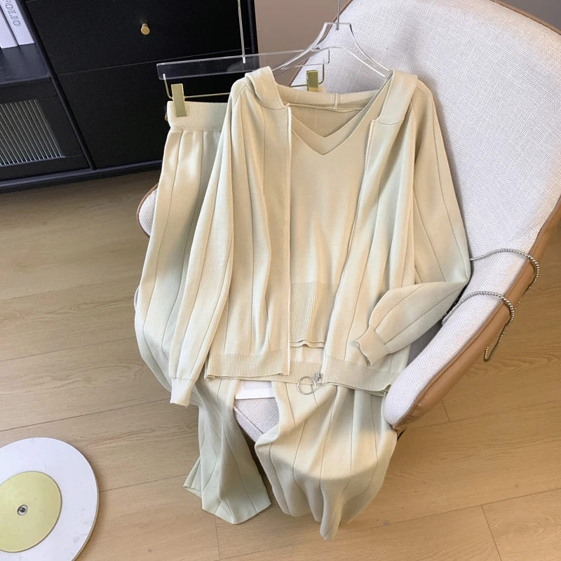 Winter Women's Three-Piece Set Korean Lazy Style Open Cardigan Wide Leg Pants Slimming Sweater Fashionable And Comfortable