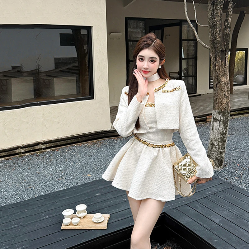 Abito gonna abito donna autunno giacca a maniche lunghe cappotto + canotta + minigonne set di vestiti eleganti da donna da ufficio in tre pezzi