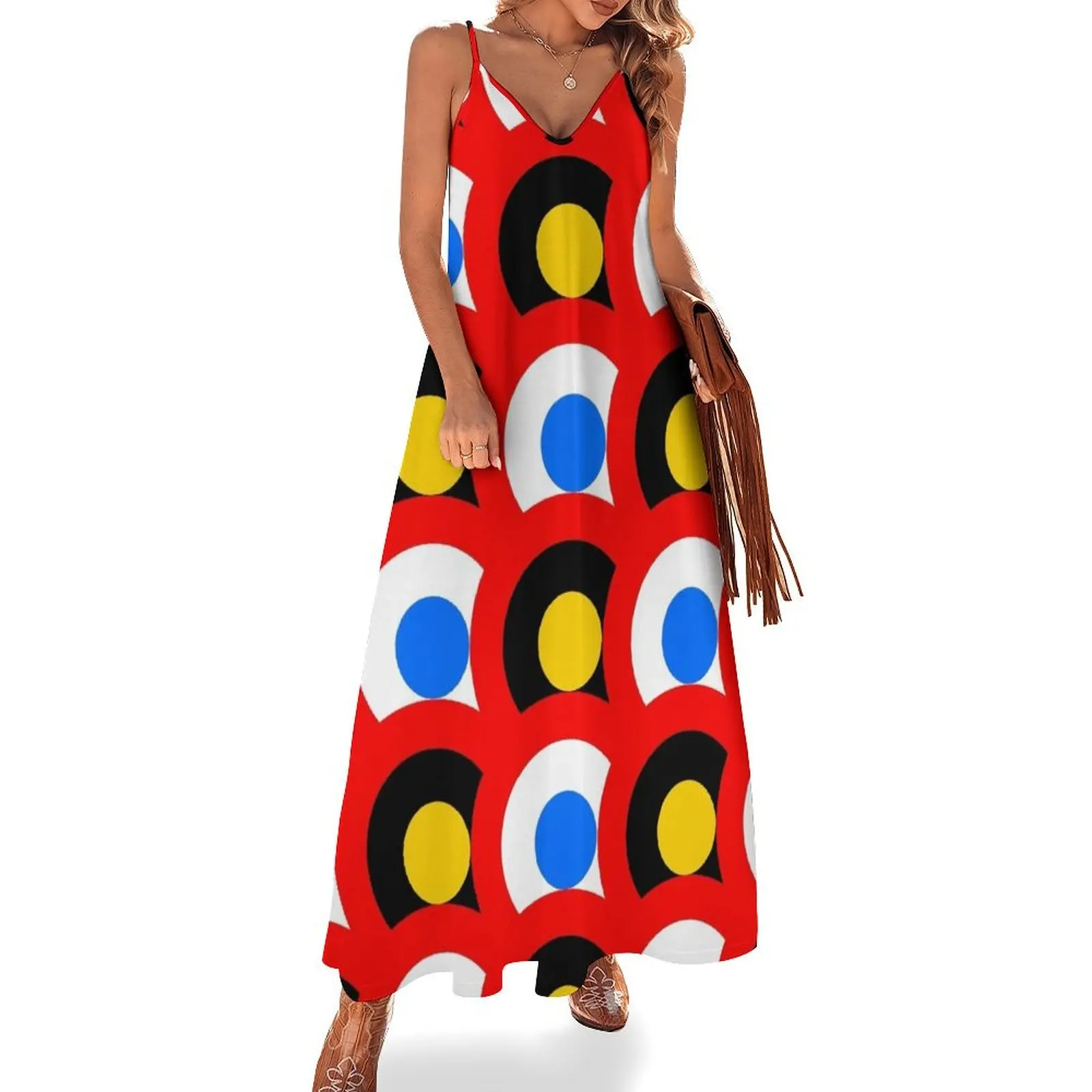 

Mod Roundel Montage (Red with Yellow and Blue Spots) Sleeveless Long Dress fairy dress Women's dress