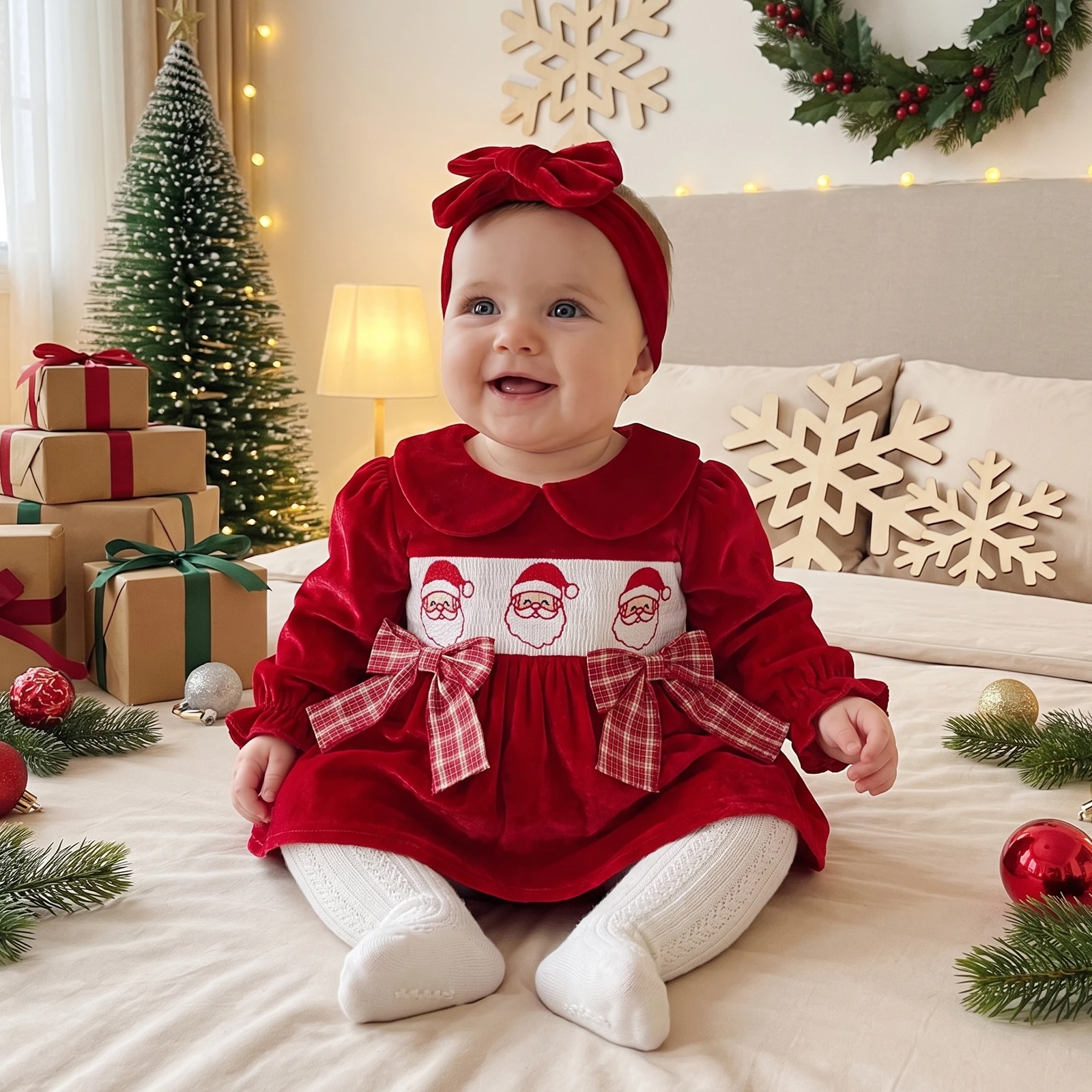 Baby Girls Christmas Outfit Long Sleeve Embroidery Santa Romper Headband