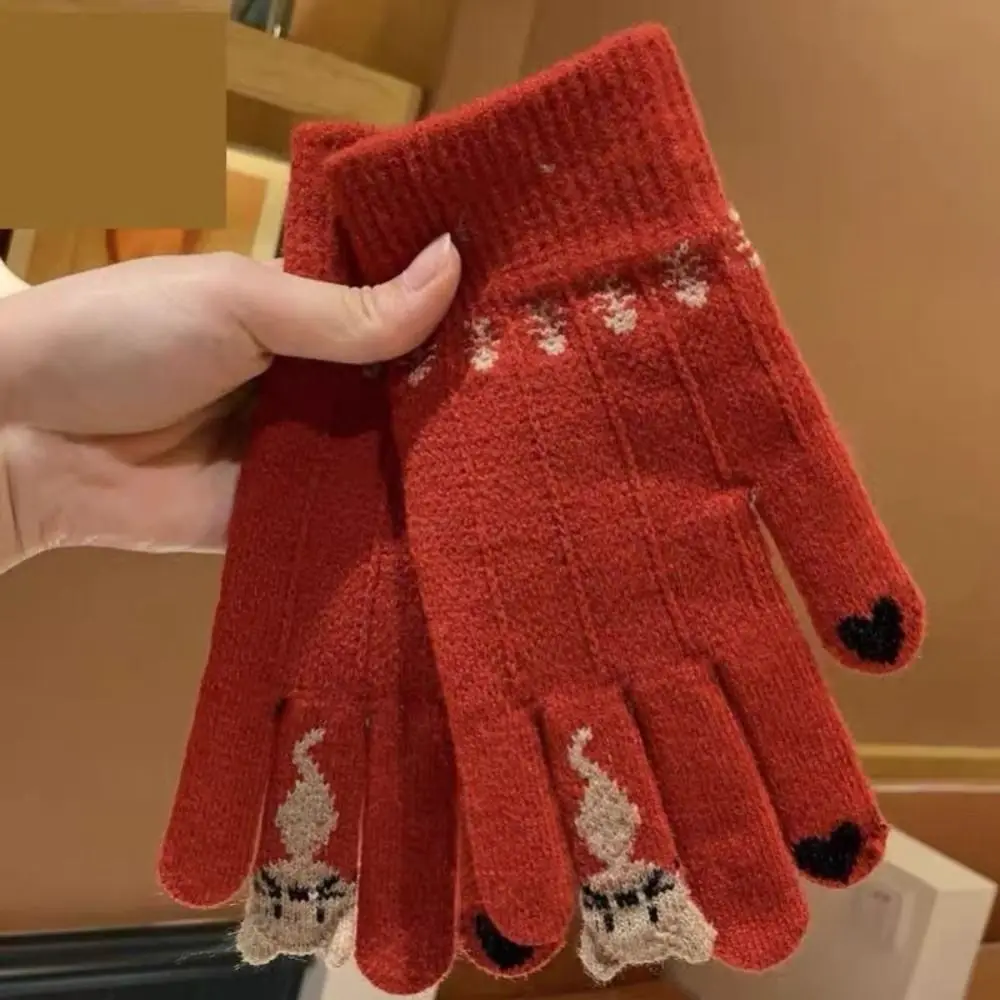Korean Style Warm Lining Touch Screen Knitted Gloves Stretchy Kitty Pattern Full Finger Gloves Nylon Knit Gloves Daily Wear