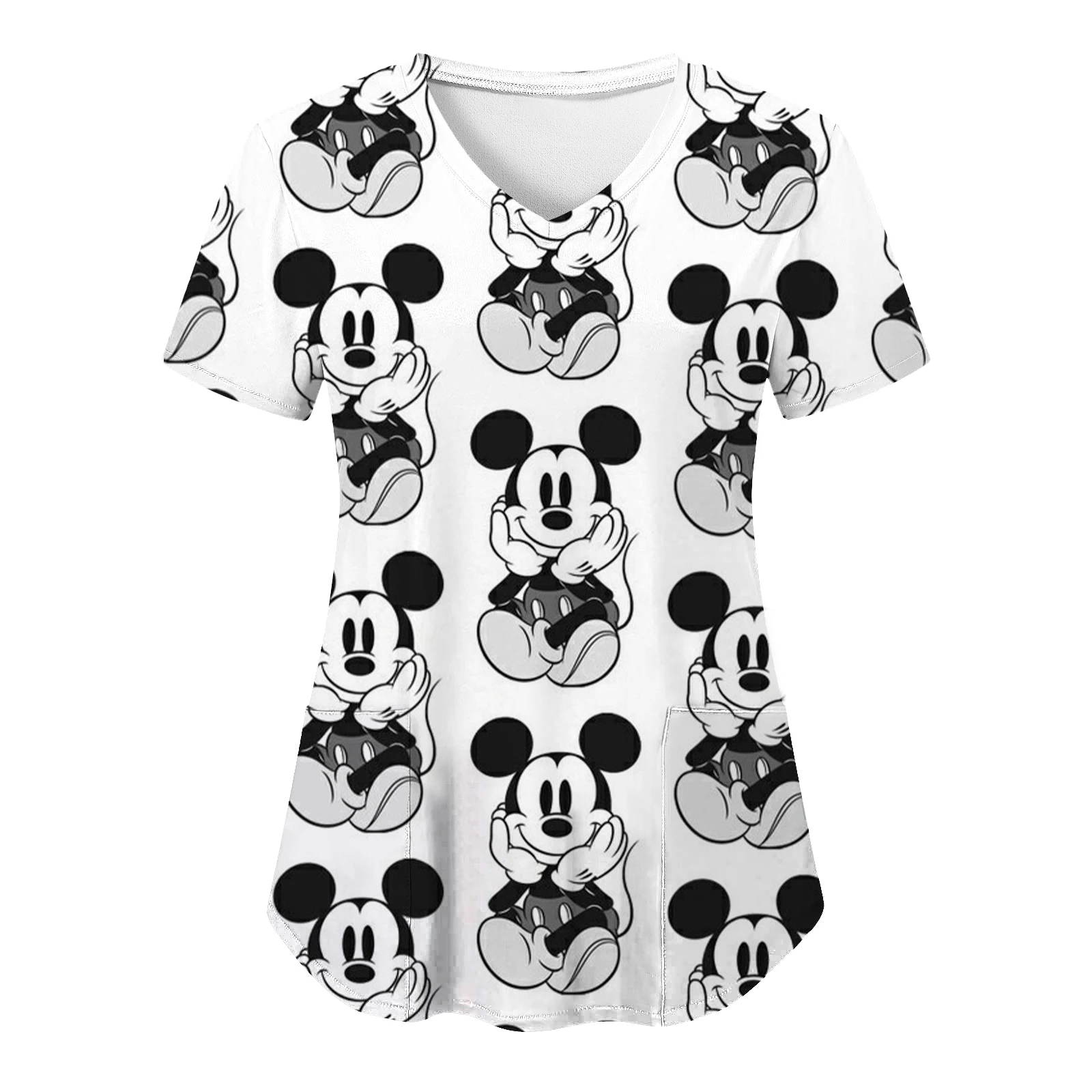 T-shirt Mickey V Neck T-shirts Minnie Mouse Summer Woman Clothes Hospital Top Women 2024 Pocket Tops Nurse Uniform Disney Tees