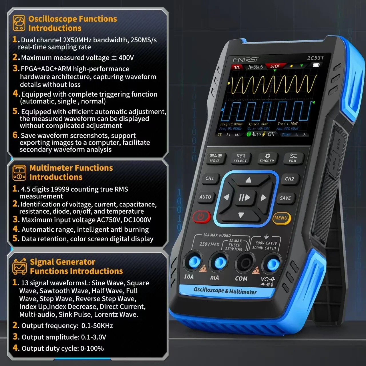 NF FNIRSI 2C53T 2C23T 3in1 Multimeter Digital Oscilloscope Built-in DDS Function Signal Generator 2 Channel 50MHz Bandwidth 250M