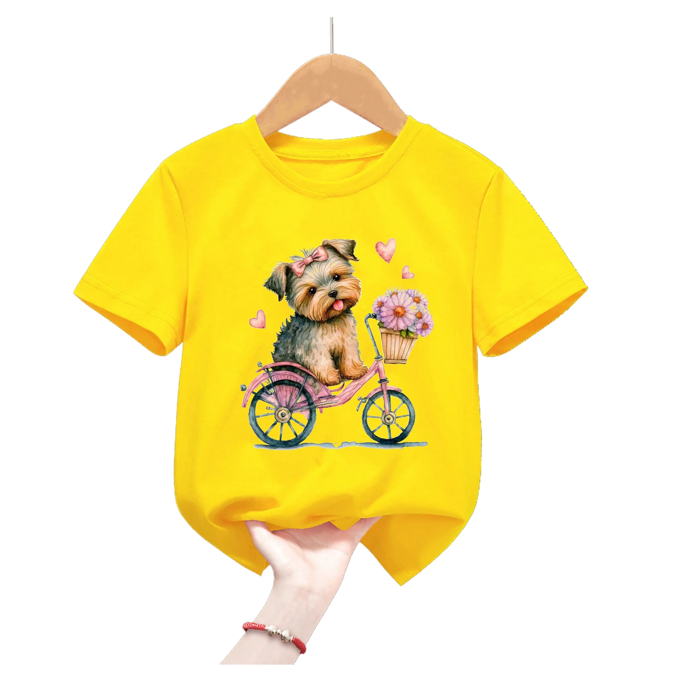 Kawaii Dogs Love Ride On A Bicycle Animal Print Yellow Tshirt For Girls/Boys Funny Kids Clothes Yorkshire Terrier Corgi T Shirt