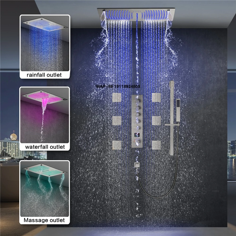 

NEW 5 Function LED Thermostatic Digital Display Brush Nickel Shower Faucet With Music Wall Mounted Thermostatic Shower Set