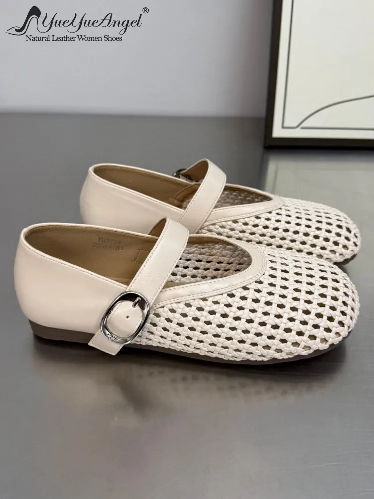 

Women Casual Cowhide Hollow Out Knit Breathable Solid Color Fashion Ladies Pumps Leisure Round Toe Buckle Strap Low Heel Shoes