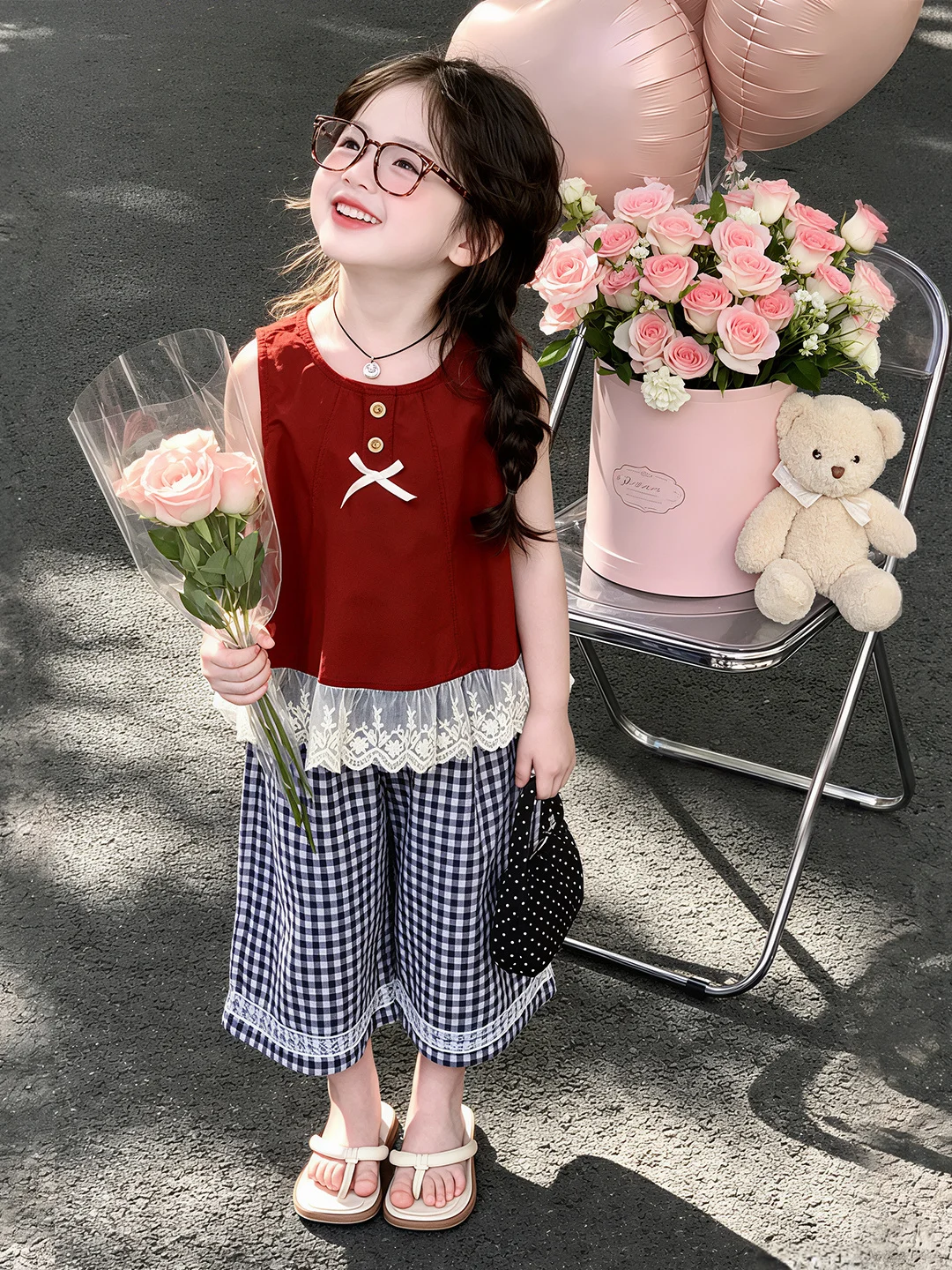 

Girls Summer Knot Sleeveless Vest And Blue Plaid Pants Two Piece Set Breathable Cotton Short Sleeve round Neck Mate...