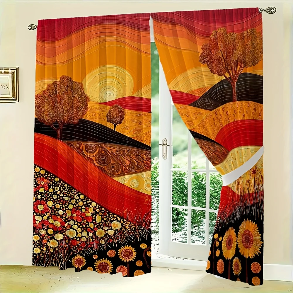 2pcs Abstract Landscape Curtains No Rod  Sunset Red Orange Yellow Fields & Sunflowers, Light Filtering Sheer for Living Room