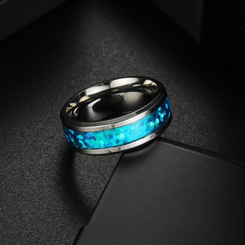 2PCS Stainless Steel Stainless Steel Wedding Ring Blue Opal Inlay 8mm 6mm 4mm Width Blue Opal Inlay Ring Polished Finish