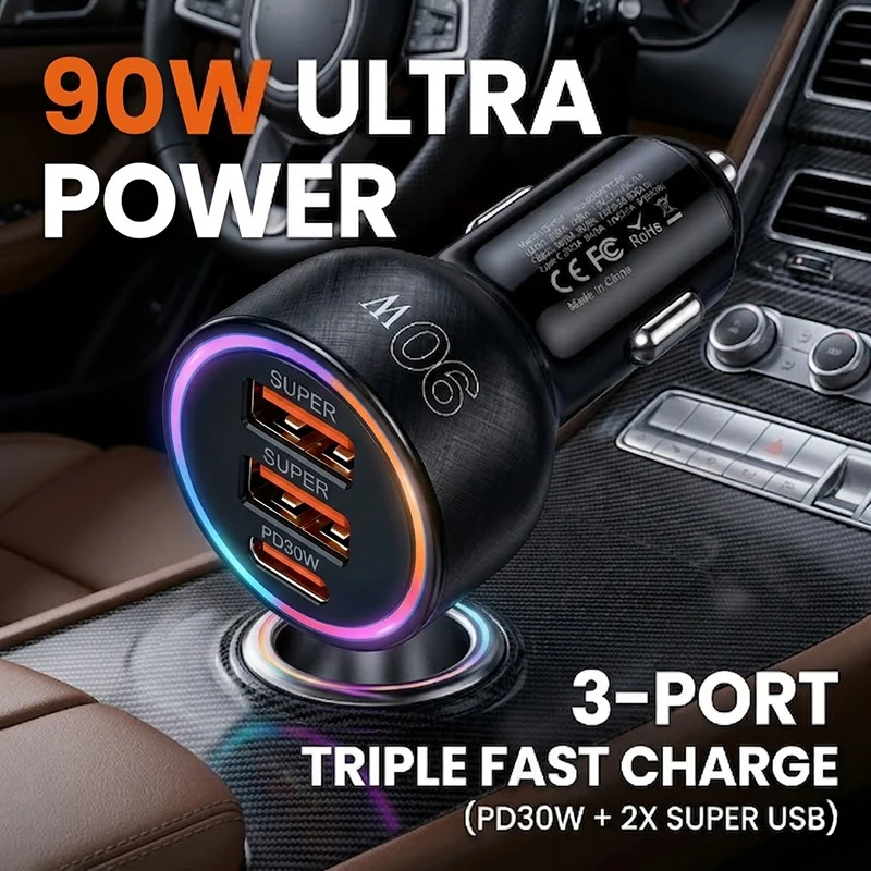

90W Fast Car Charger Adapter 3 Port USB C PD 30W and Dual QC Auto Charging Multi Color LED Ring Light For 12-24V Cars For iPhone