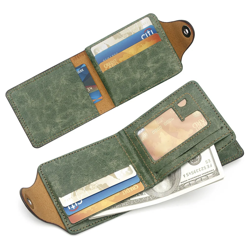 Vintage Herren-Geldbörse aus gespleißtem PVC-Leder mit Magnetverschluss, kurzer Bifold-Geldbeutel mit Kartenfächern, Ausweisfenster und Bargeldfach – Detail 4