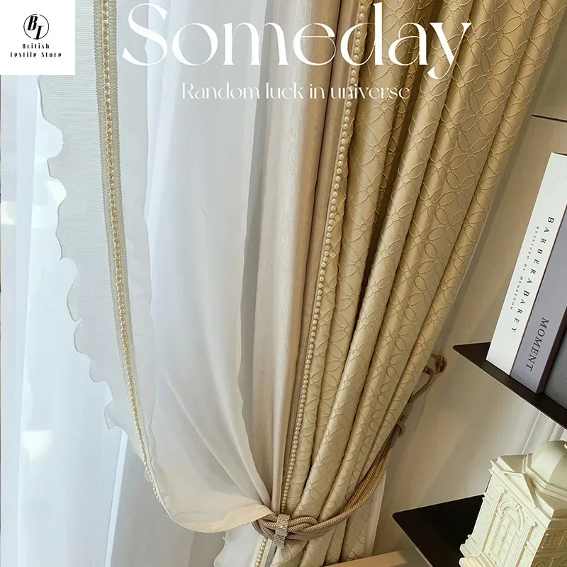 Luxury French Cream Soft Curtain For Living Room Texture High Precision Bedroom Glitter Line Window Tulle Custom