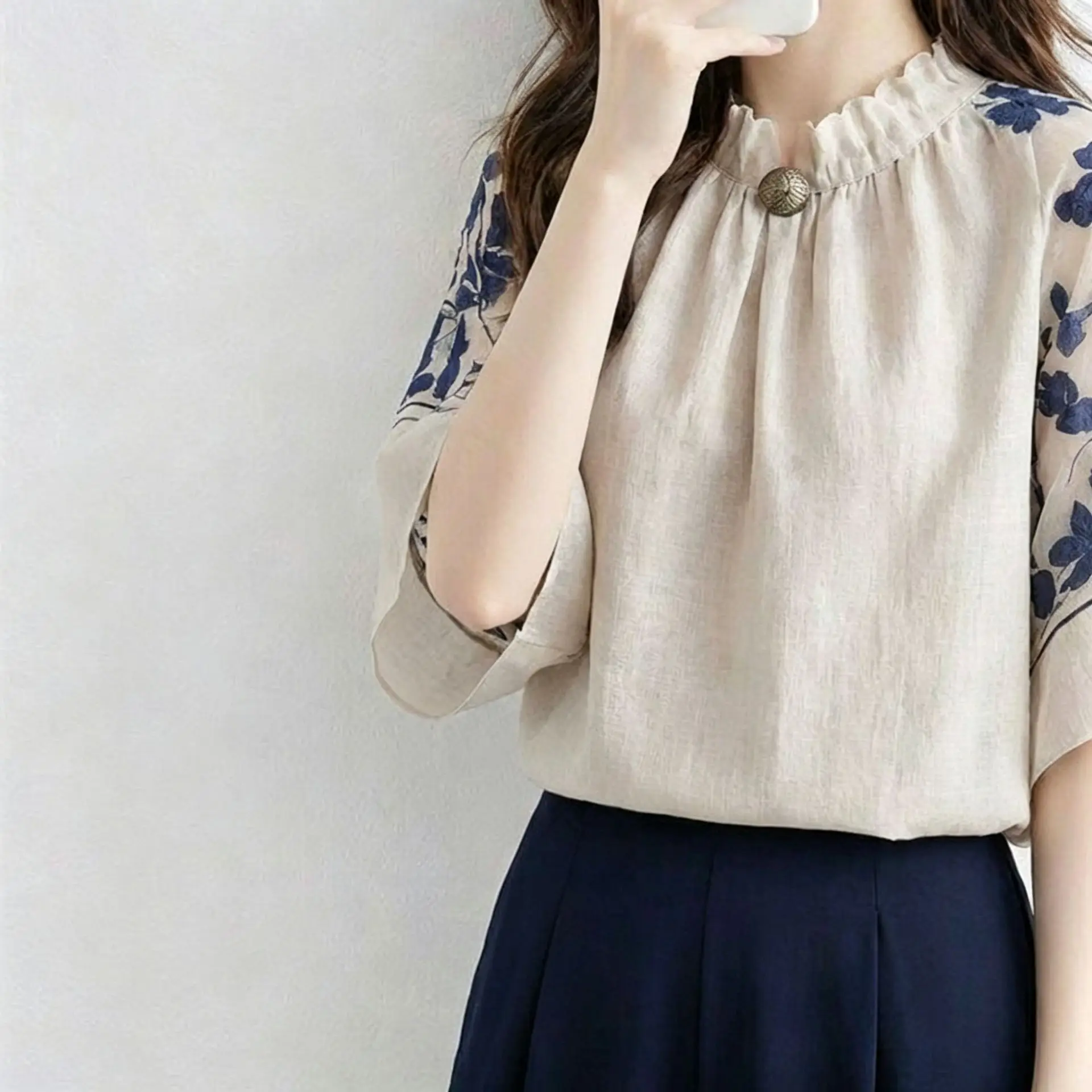 2026 New Semi-transparent Patchwork Printed Short-sleeve Lace Stand Necklace Top Birthday Dress Party Femme Clothing Beach