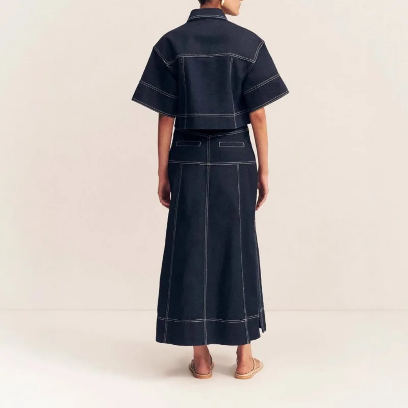Set Dua Potong Wanita Atasan Kancing Kerah Lengan Pendek + Rok Maxi Pinggang Tinggi Setelan Pakaian Musim Panas Pakaian Denim Kasual Wanita