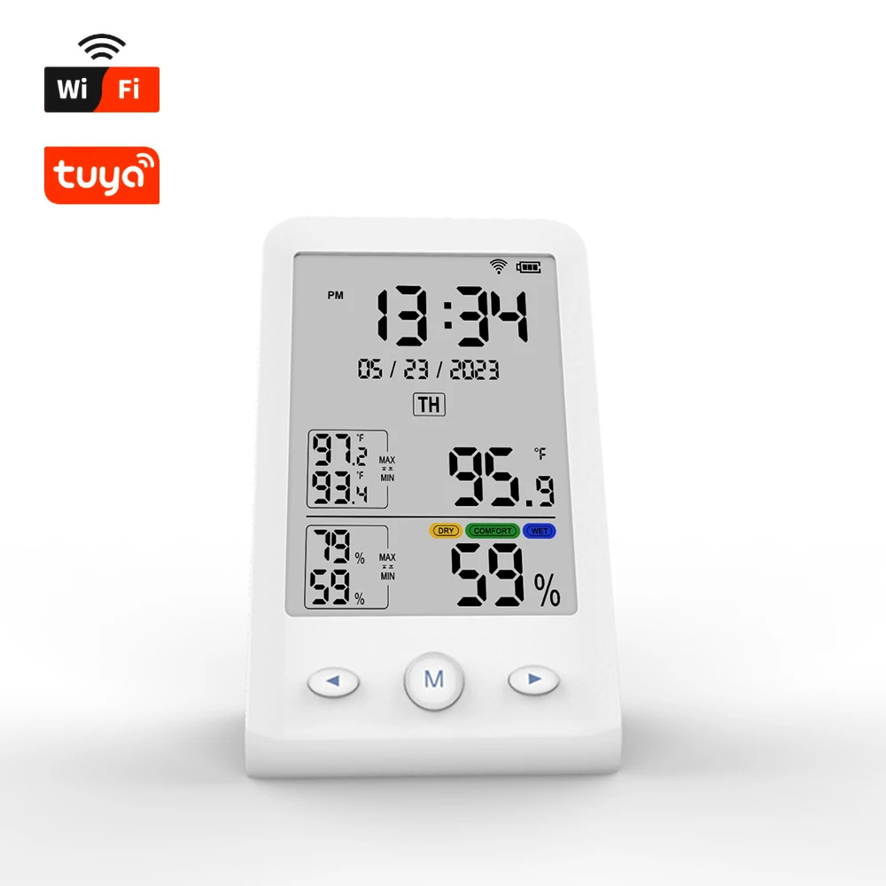 

OEM Mini Desktop LCD Thermo-Hygrometer Temperature Humidity Meter New White ABS Max Min Values WiFi APP Support Custom ODM