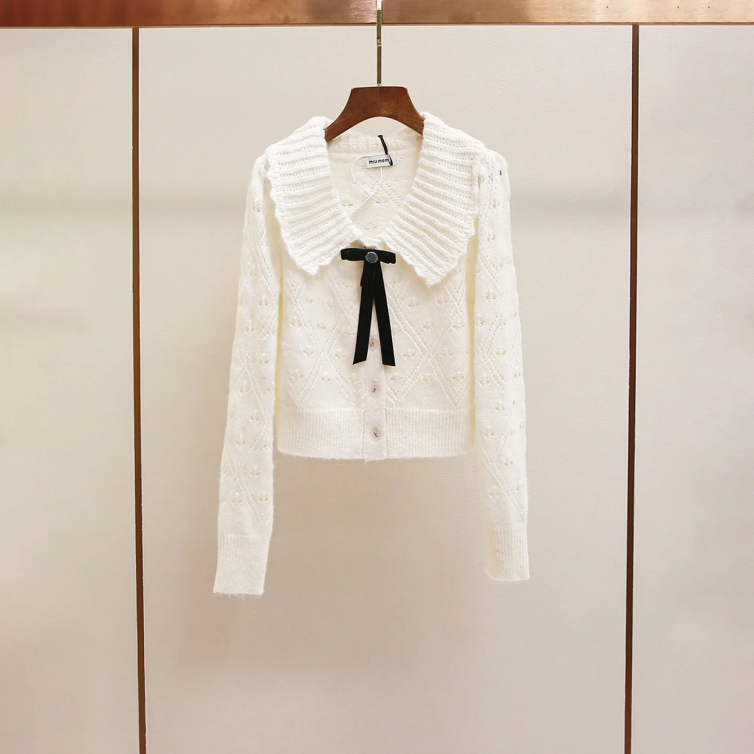 

Autumn Winter New Style Korean Sweet Gentle Knot Turn-down Collar Knitted Open Cardigan Women's Fashionable Knitwear