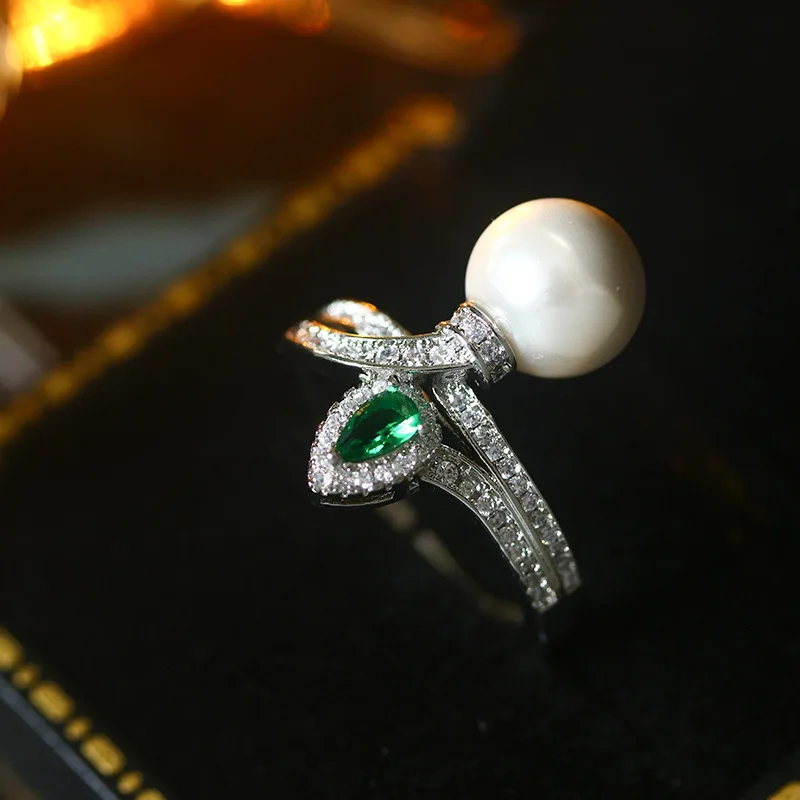 High Quality Vintage Emerald Pearl Opening Ring For Women 925 Silver Jewelry For Women Brides Wedding Gift