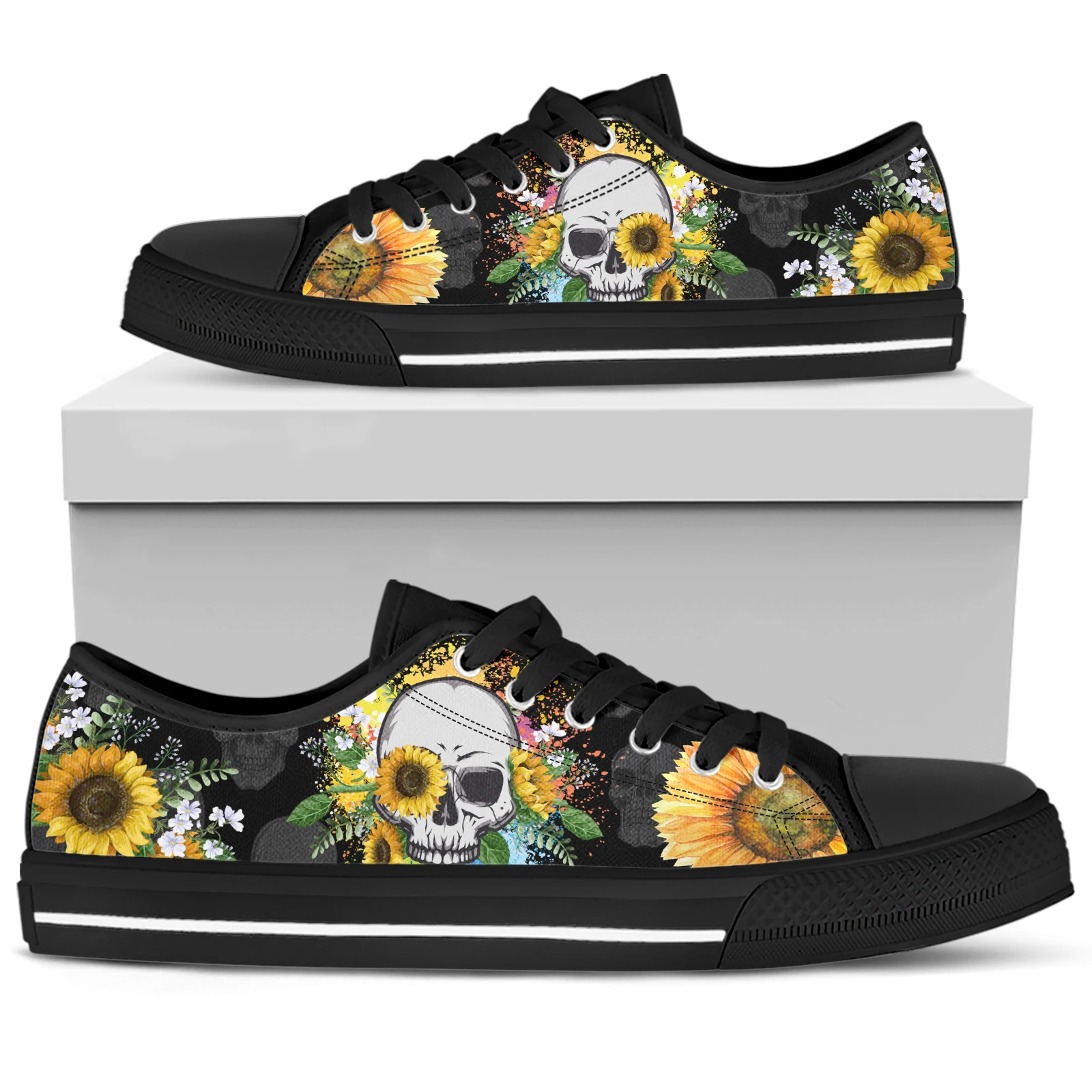 ELVISWORDS Artistic Graffiti Skull Design Brand Shoes Sunflower Skull Print Shoes Black Gothic Skull Women's Canvas Shoes