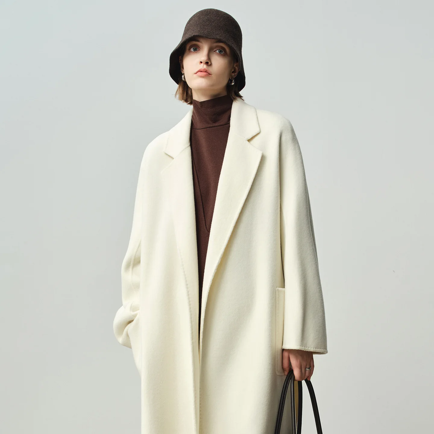 Winter Coat Women's 100% Wool Loose Type Milk White Casual Camel Coat Women Autumn Lace Up Jacket Commuter Handmade Sewing