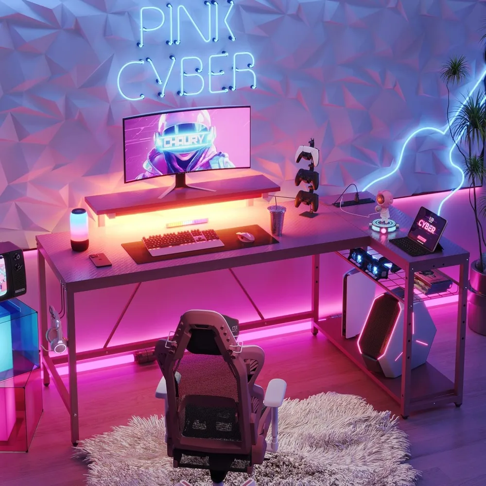 مكتب ألعاب على شكل حرف L من Bestier مع منافذ طاقة، مكتب زاوية صغير LED مع أرفف تخزين قابلة للعكس، مكتب كمبيوتر وردي مع #2