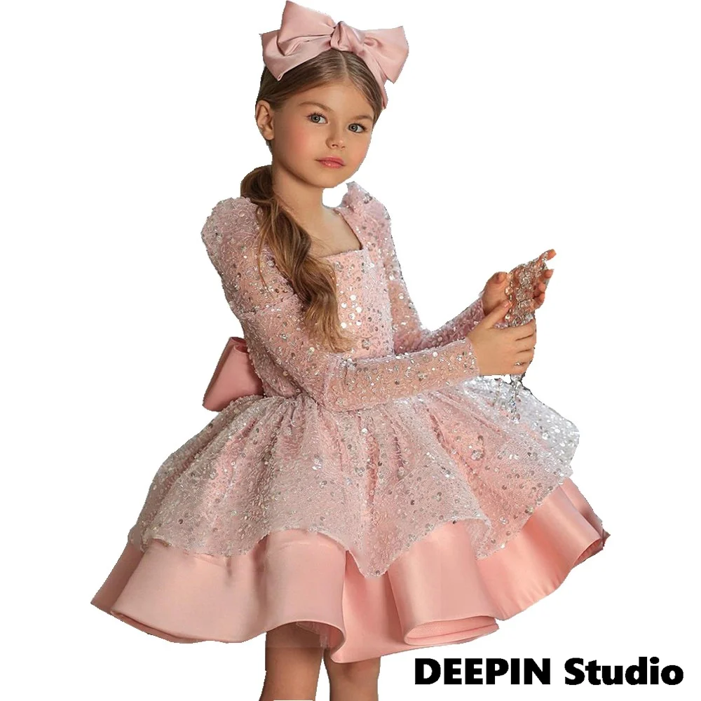 

Girls Pink Bow Sequin Princess Dress 2024 Spring New Children's Lolita Bow Long-Sleeve Performance Costume Tutu Princess Dress