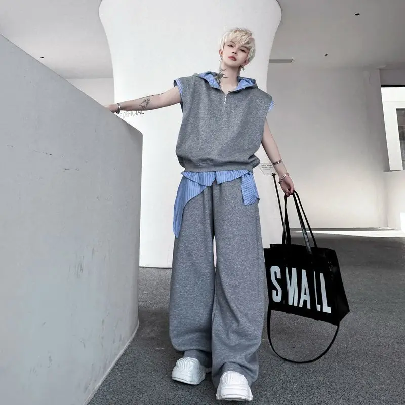 

Trendy American Streetwear Activewear Set Detachable Hoodie Wide Leg Pants Loose Fit Summer Two Piece​