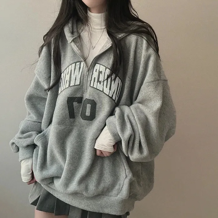 2024 Autumn Winter Hoodies Zipper Tops Casual Fashion Letter Print Lamb Wool Pullover Women Female White Plush Warm Streetwear