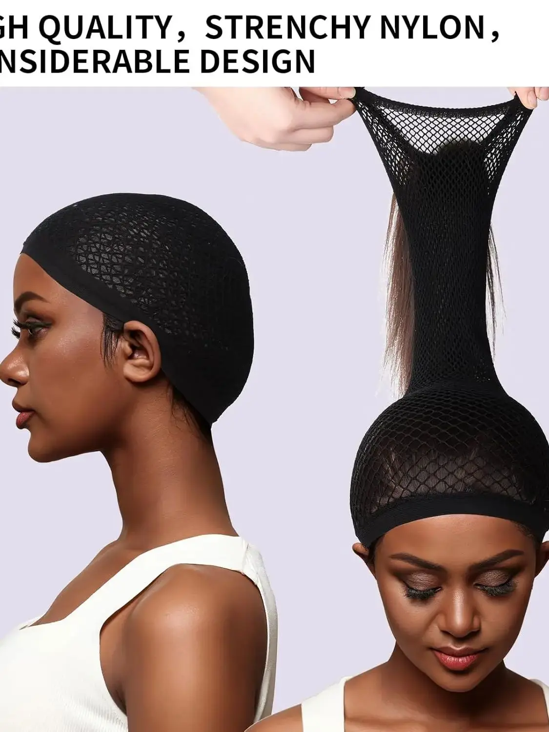 Bonnet de perruque en peau noire, filet à cheveux pour perruques, bonnets de perruque pour femmes, bonnet de perruque en maille grande pour cheveux longs, filet de perruque en nylon antidérapant pour