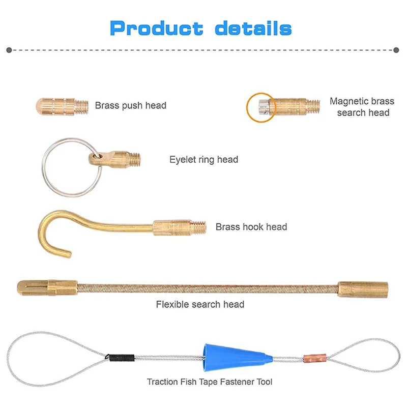 

A84X-2 Set 20 Feet Fiberglass Fish Tape Cable Rods,Electrical Wire Running Push/Pull Kit With Hook And Hole Kit