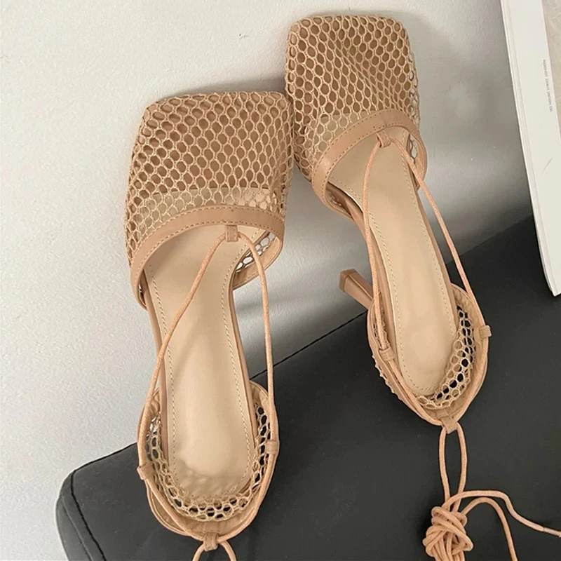 

2025 Spring Mesh Casual Pumps Sandals Female Square Toe High Heel Lace Up Cross-tied Stiletto Hollow Dress Tacones De Mujer
