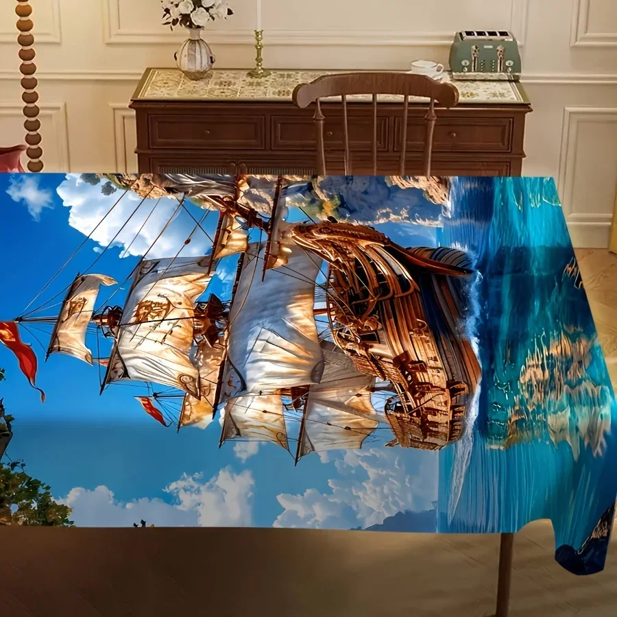 JIT-1pc Retro Nautical Theme Restaurant Kitchen Tablecloth, Medieval Pirate Ship Table Decorationzyc