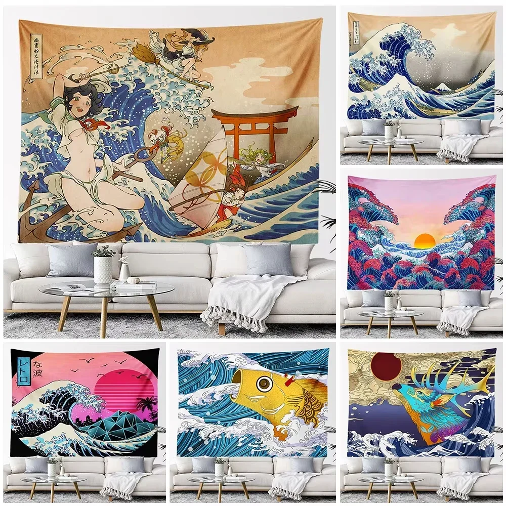 1pc Bohemian Kanagawa Large Wave Wall Tapestry Wall Hanging Beautiful Room Decor Japanese Landscape Print Large Size Fabric Home