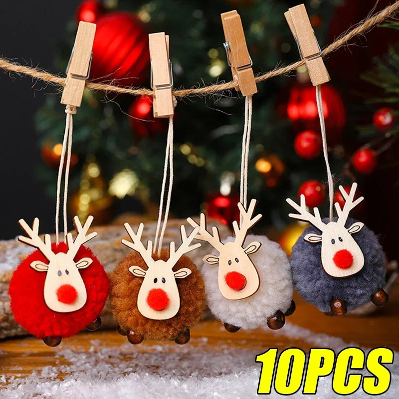 10/1pcs Christmas Felt Elk Hanging Ornaments Cute Reindeer Craft Decorations Xmas Tree Wooden Pendants New Year Party Kids Gifts