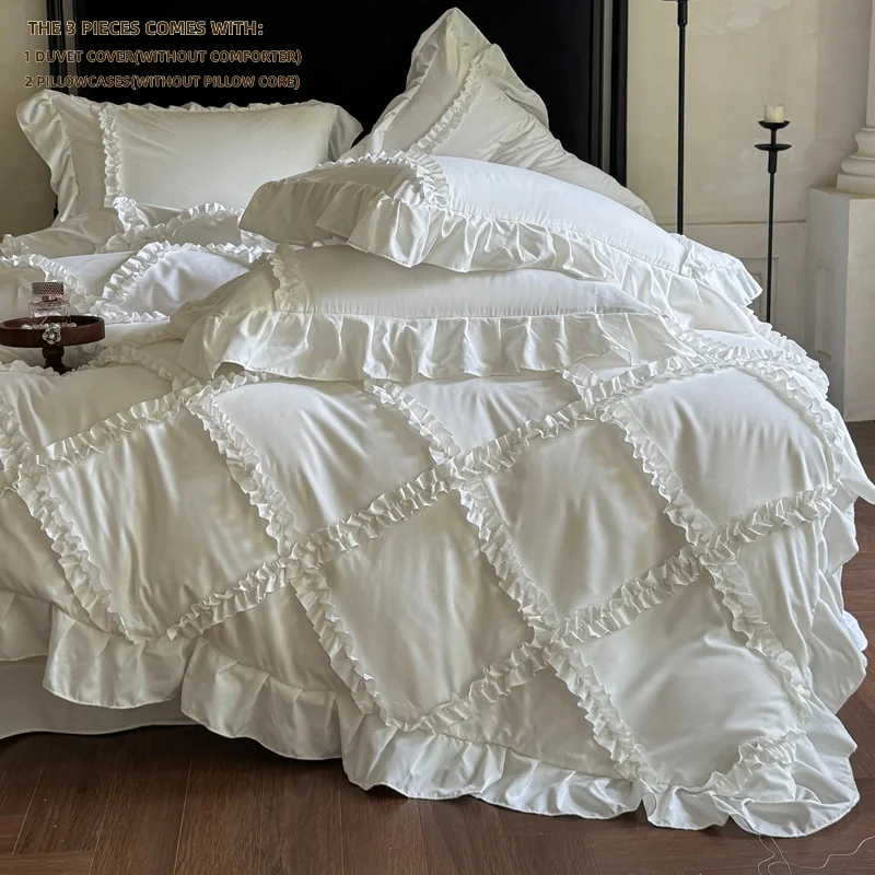3pcs White pink ruffles Duvet Cover Set (1*Duvet Cover + 2*Pillowcase, Without Core),pink/white Bedding Set