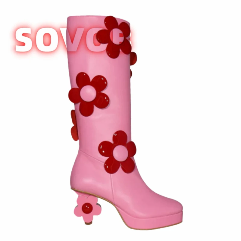 Western Floral Platform Boots,Red Flower Lower High Heels Boots,Designer Mid-calf Heeled Shoe For Women,Side Zipper Party Bootie