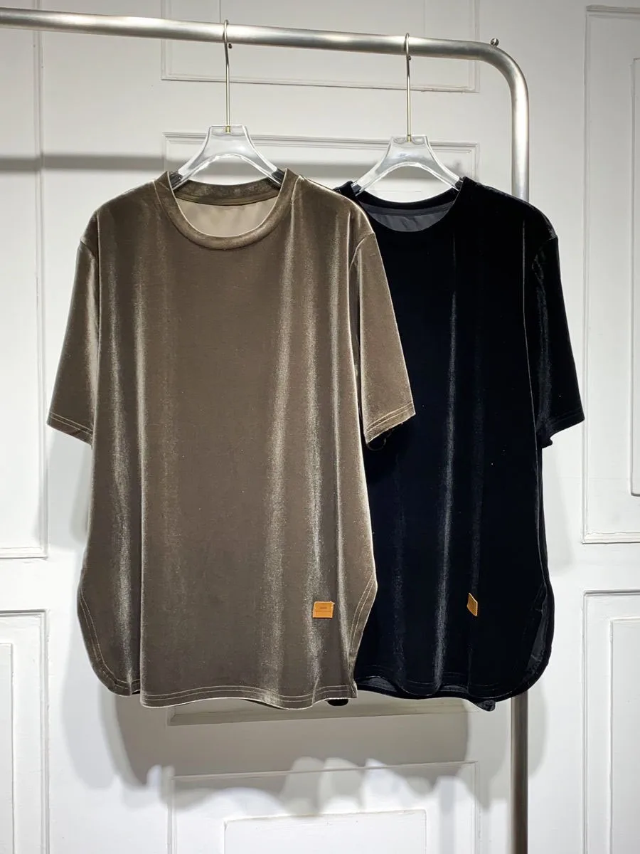 

Женский свободный повседневный топ из золотистого вельвета больших размеров, скрывающий живот, с эффектом похудения, модный, с разрезом, для весны и лета