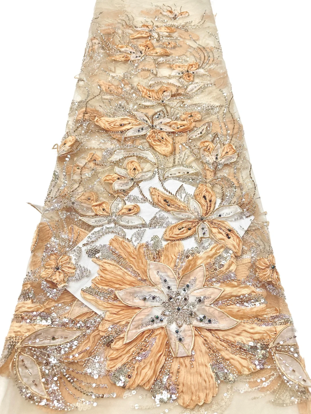 Heavy Industry Oil Painting Blending Three-dimensional Flower Pearl Tube Bead Embroidery Mesh Fabric Suitable For Wedding AT3273