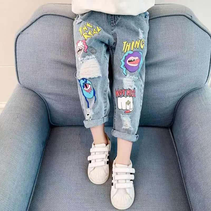 Kids Girls Jeans 2023 New Spring And Autumn Korean Edition Clothing Dad Pants Medium Size Loose Fit Children\'s Perforated Pants