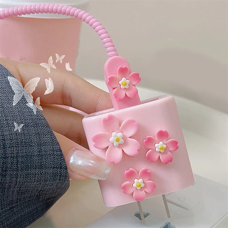 5pcs Korea Cute 3D Pink Cherry Blossom Charger Cover For IPhone 11 12 13 14 18W-20W Charge Correa Protection Sleeve Accessories