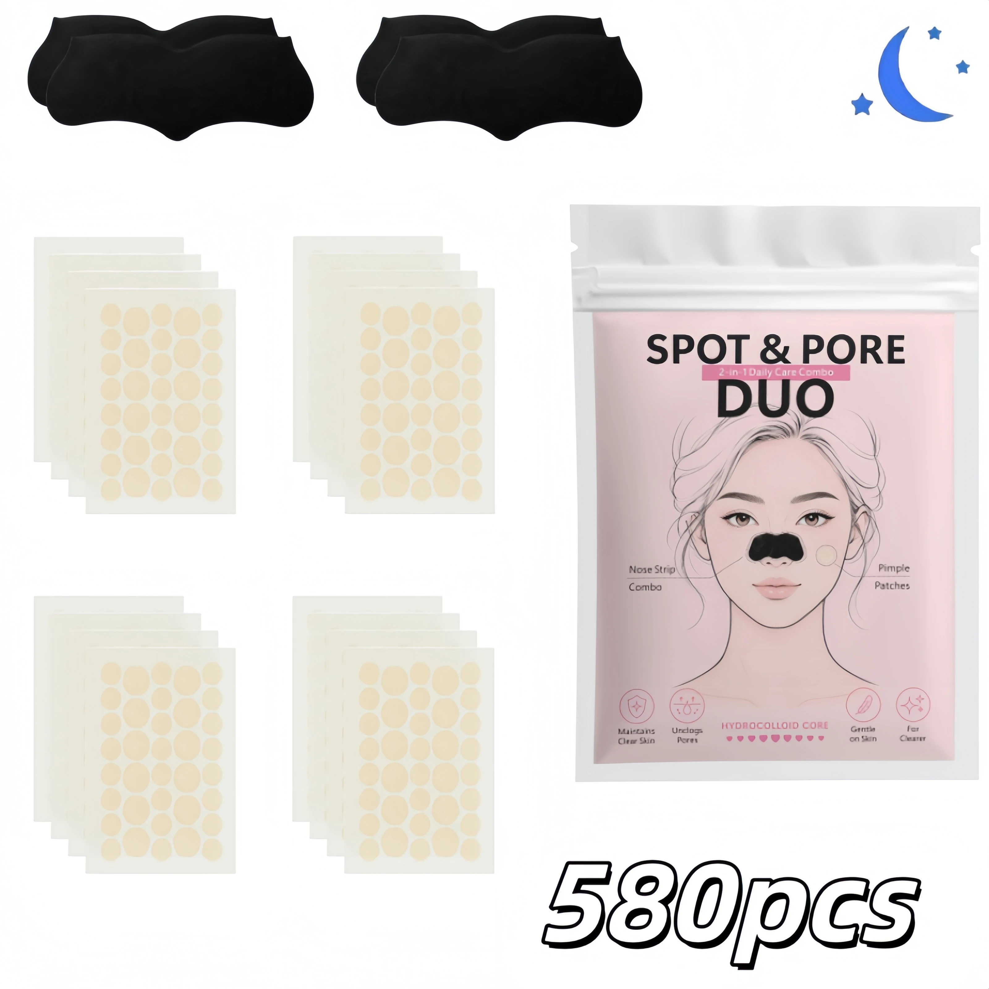 580Pcs 2 In 1 Nose Strip And Face Dot Set, Blackhead Nose Patch With Round Face Stickers Beauty Combo Pack