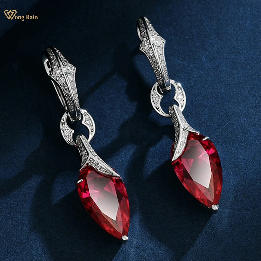 

Wong Rain Vintage 925 Sterling Silver Pear Cut 8*15 MM Ruby High Carbon Diamonds Gemstone Drop Earrings Fine Jewelry Wholesale