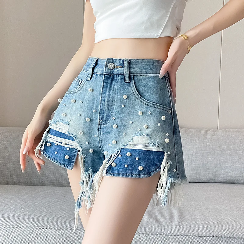 

Women's New Denim Shorts Beaded Tassel Hit Color Irregular Holes High Waist Denim Shorts Hot Pants Summer Fashion Niche Shorts