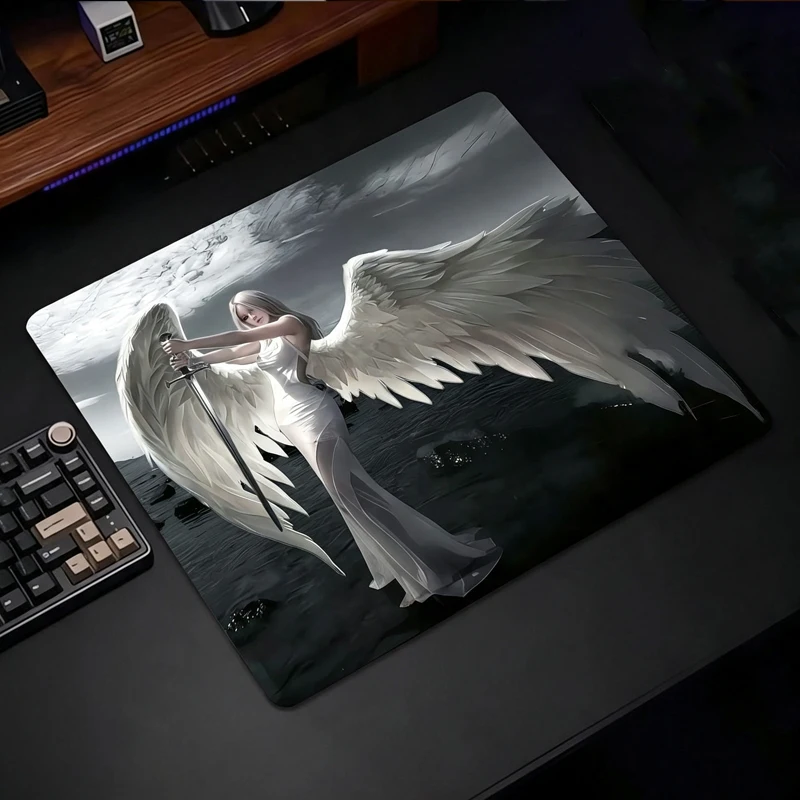 Black White Gothic Retro Angel Wings Glass Gaming Mouse Pad For FPS Smooth Frosted Surface Desk Mat Tempered Upgrade Office Pad