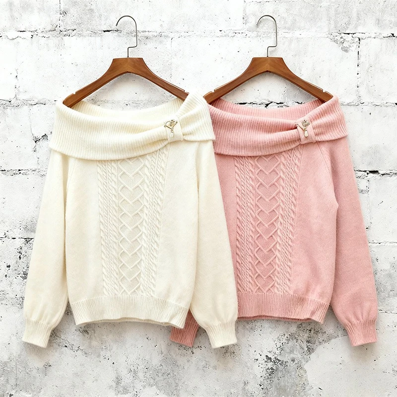 Autumn Winter Sweet Hot Girl Bow Off-Shoulder Sweater Women Elegant Sexy Fashion Knitted Tops Casual Y2k Knitwear Pullover New