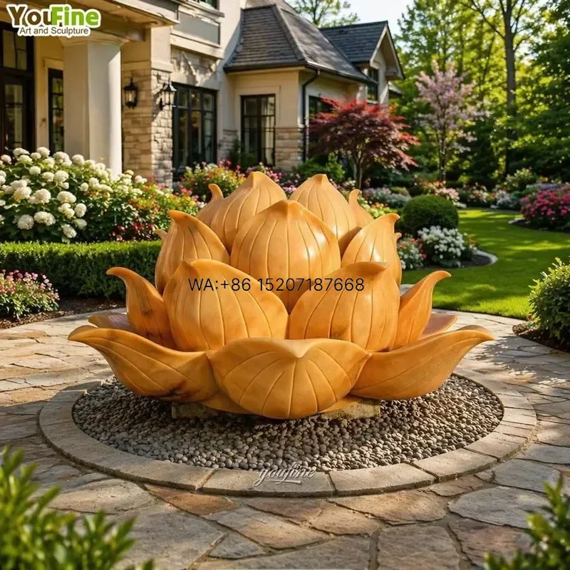 Wmwmnu for YouFine Large Natural Sunset Red Stone Lotus Flower Sculpture Hand Carved Marble Garden Statue Outdoor Courtyard